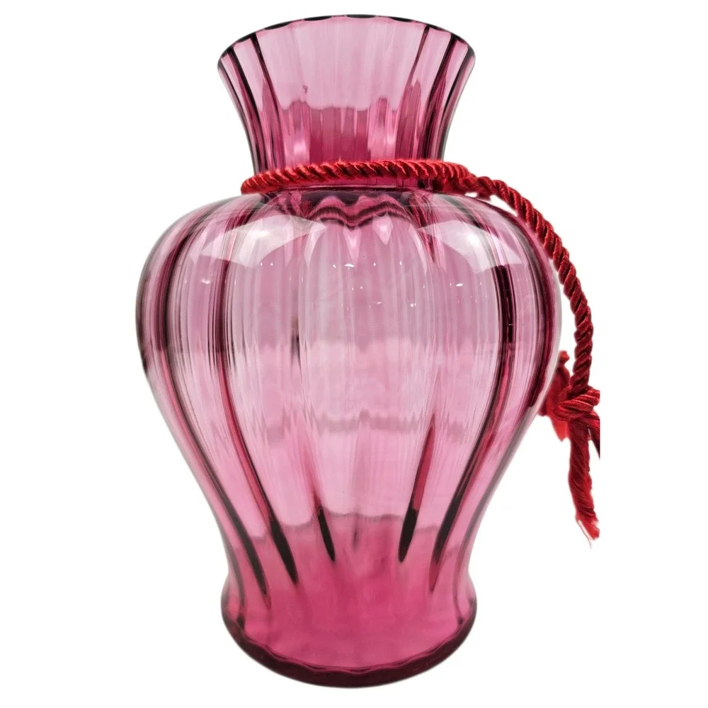 Vtg Pilgrim Art Glass Cranberry Pink Ribbed Urn Vase with Red Braid Rope Accent